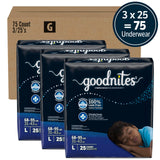 Goodnites Boys' Nighttime Bedwetting Underwear, Size Large (68-95 lbs), 75 Ct (3 Packs of 25), Packaging May Vary