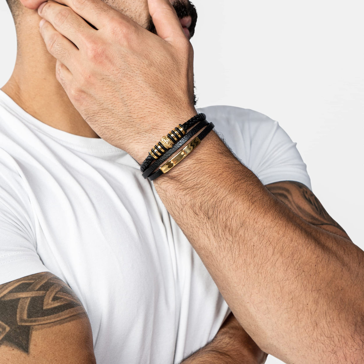 SERASAR Mens Bracelets 20cm Gold Gift Box Genuine Leather Cowhide Braided Adjust Able Magnetic Clasp Multi Layer Wrap Jewellery Rope Man Mans Male Band Jewelry Accessories