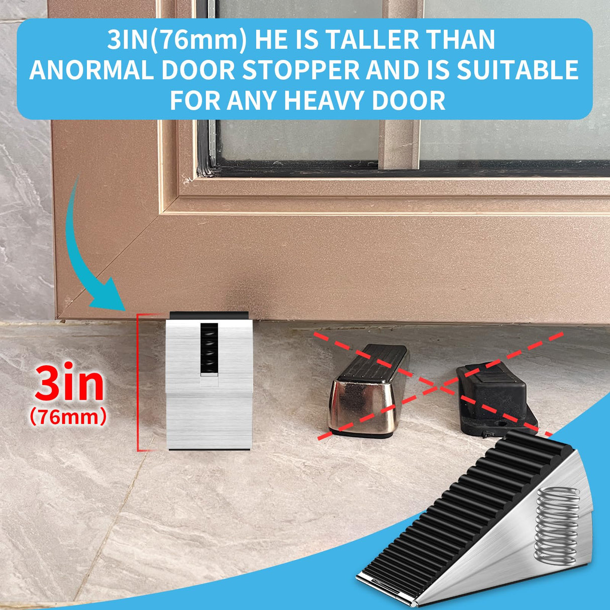 AIMAXINKE Strongest Adjustable Spring Loaded Large Door Stopper - Heavy Duty Tall Door Stop Wedge Door Stoppers for Bottom of Doors,Tall up to 3 in Doorstop Stainless steels Made Suits Any Heavy Gate