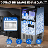 Commercial Ice Maker Machine 110 LBS/24H, 36 Ice Trays Freestanding & Undercounter Ice Machine Stainless Steel with 20 LBS Ice Storage Capacity, Ice Maker with Water Line and Filter, Dual Water Inlet
