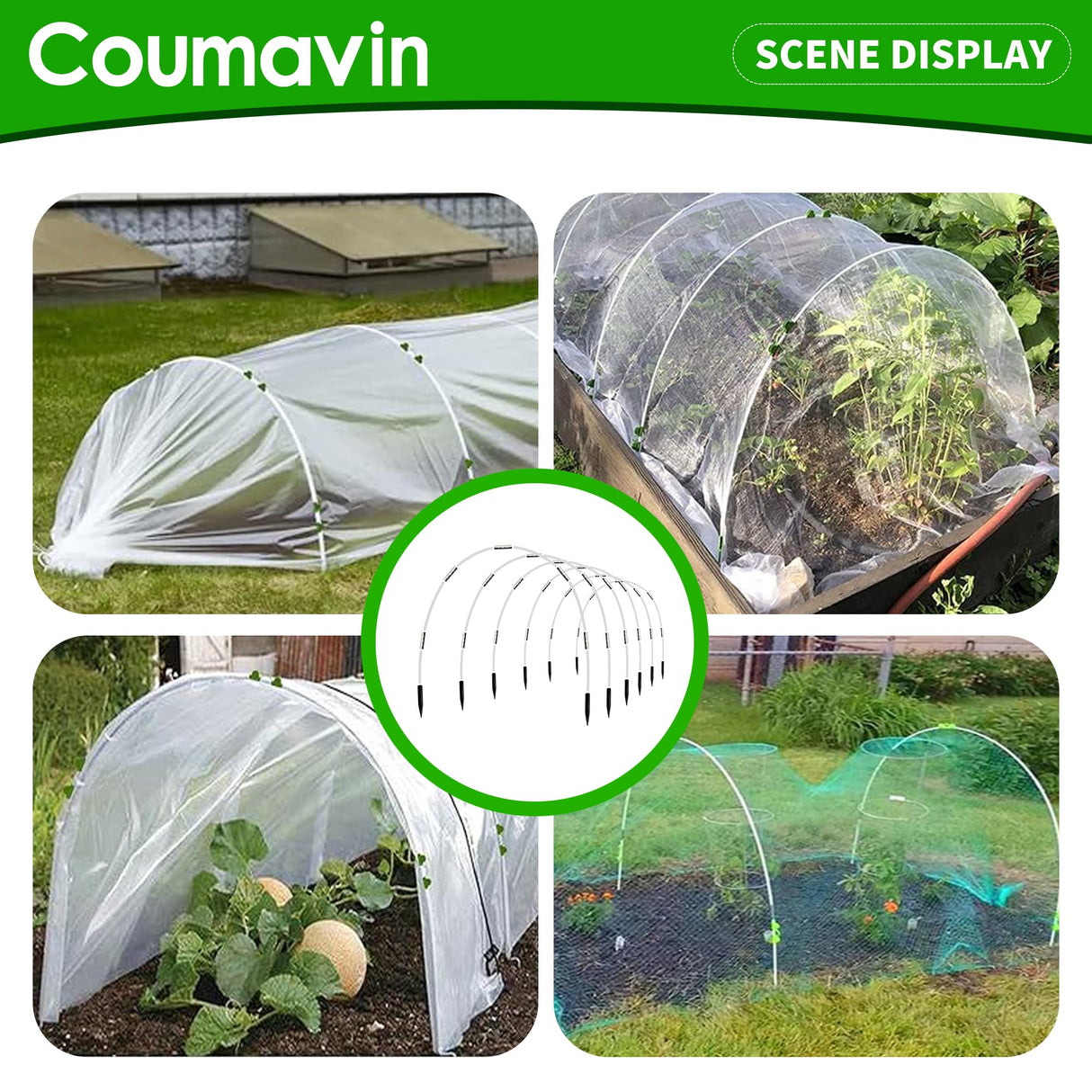 8FT Rust-Free Fiberglass Garden Hoops -72 PCS DIY Grow Tunnel Kit for Raised Beds, Row Cover Support with Connectors/Clips, Sun Shade &Year-Round Plant Protection, White