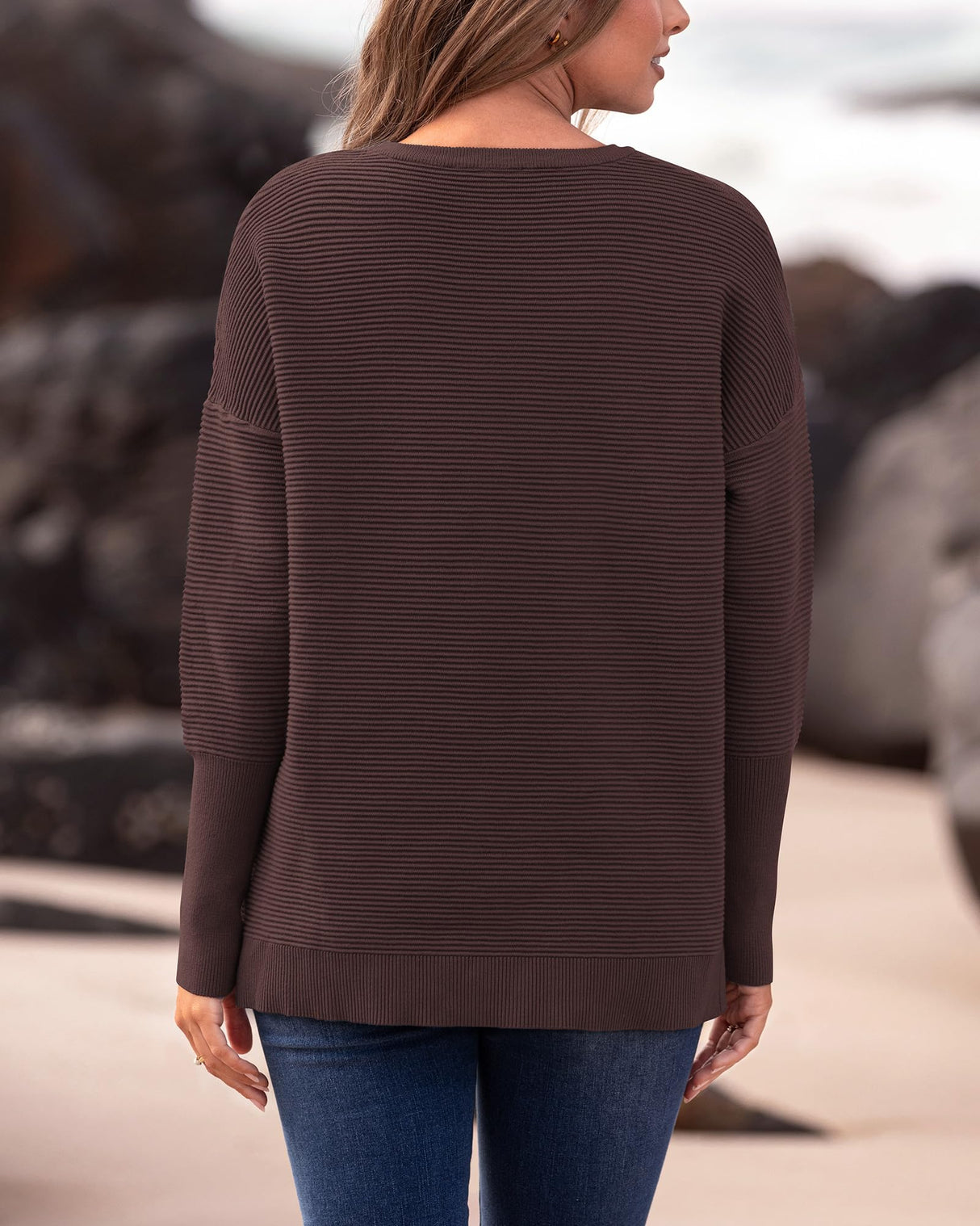 BTFBM Trendy Winter Sweater Christmas Sweater Long Sleeve Loose Fit Maternity Sweater Pullover Jumper Tops(Coffee,Medium)