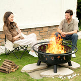 32 Inch Round Fire Pit with Mesh Cover, Fire Poker, Star and Moon Design, Metal Wood Burning Outdoor Firepit for Patio, Backyard, Garden, Bonfire Party,Perfect for Christmas, Thanksgiving, Halloween