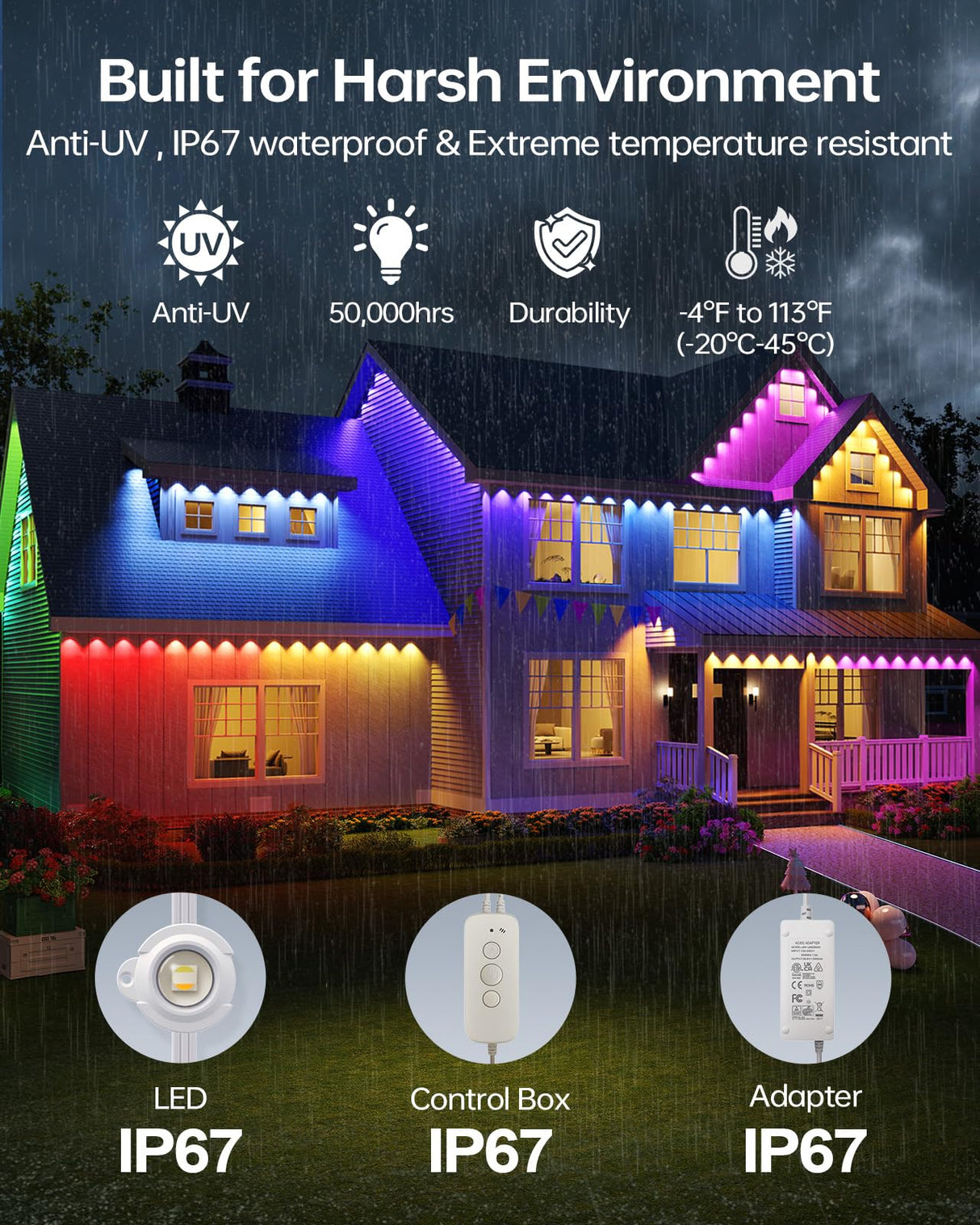 ASAHOM AI Permanent Outdoor Lights S107B, 100FT with 72 RGBCW LED Lights and Dual Output, 30,000 Lighting Effect Combination, IP67 Waterproof for House Halloween Christmas and Daily Decoration, White