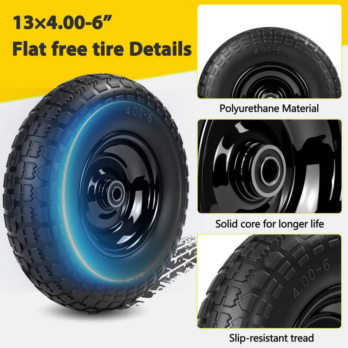 4Pc,13x4.0-6 Flat Free Tire and Wheel Replacement for Gorilla Cart,5/8"Axle
