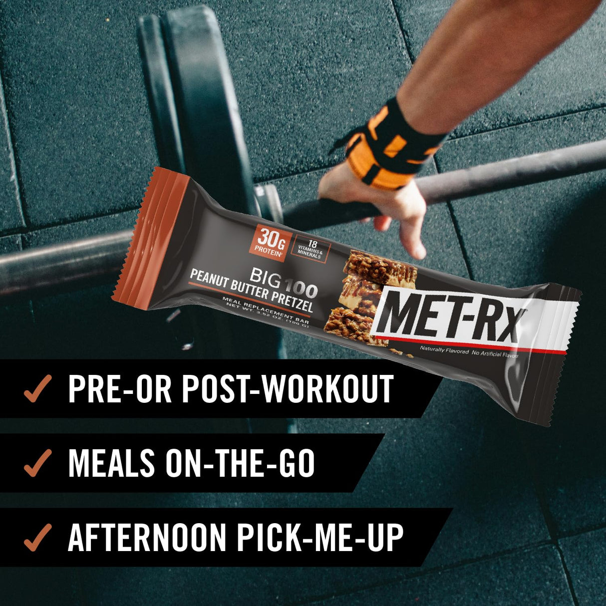 MET-Rx Big 100 Colossal Protein Bars, Great as Healthy Meal Replacement, Snack, and Help Support Energy, Peanut Butter Pretzel, With Vitamin A, Vitamin C, and Zinc, 100 g, (Pack of 9)