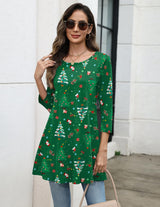 Zeagoo Women Tunic Tops 3/4 Sleeve Merry Christmas T Shirts Gift Blouse Tee Tops Plus Size Blouses to Wear with Leggings Swing Flare T-Shirt Loose