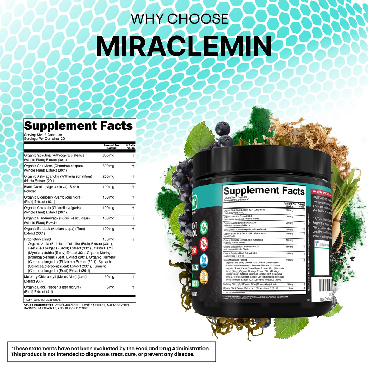 Clean Nutra Sea Moss Capsules with Ashwagandha, Black Seed Oil, Burdock Root, Bladderwrack, Moringa, Chlorella, Spirulina, Turmeric, Elderberry, Amla – 90 Vegan Capsules – MiracleMin