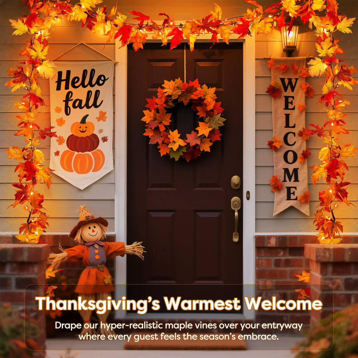 BlcTec Fall Decorations for Home 9 FT Battery Operated Fall Garland with Lights 50 LED Orange Bulbs, 6 Pumpkins, 8 Modes, Timer, Lighted Fall Maple Leaves Garland for Thanksgiving Christmas Decoration