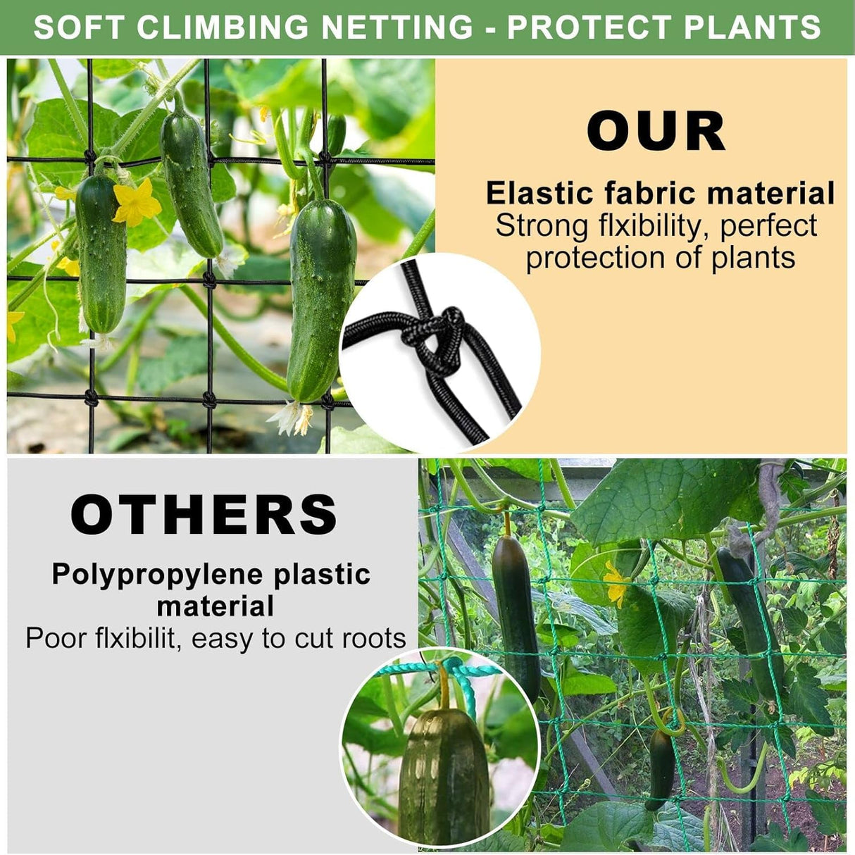 6x6 Ft Elastic Plant Trellis Net - 2-Pack Heavy Duty Garden Support Net with 4 Hooks for Grow Tents, Climbing Vegetables, Fruits & Flowers (Black)