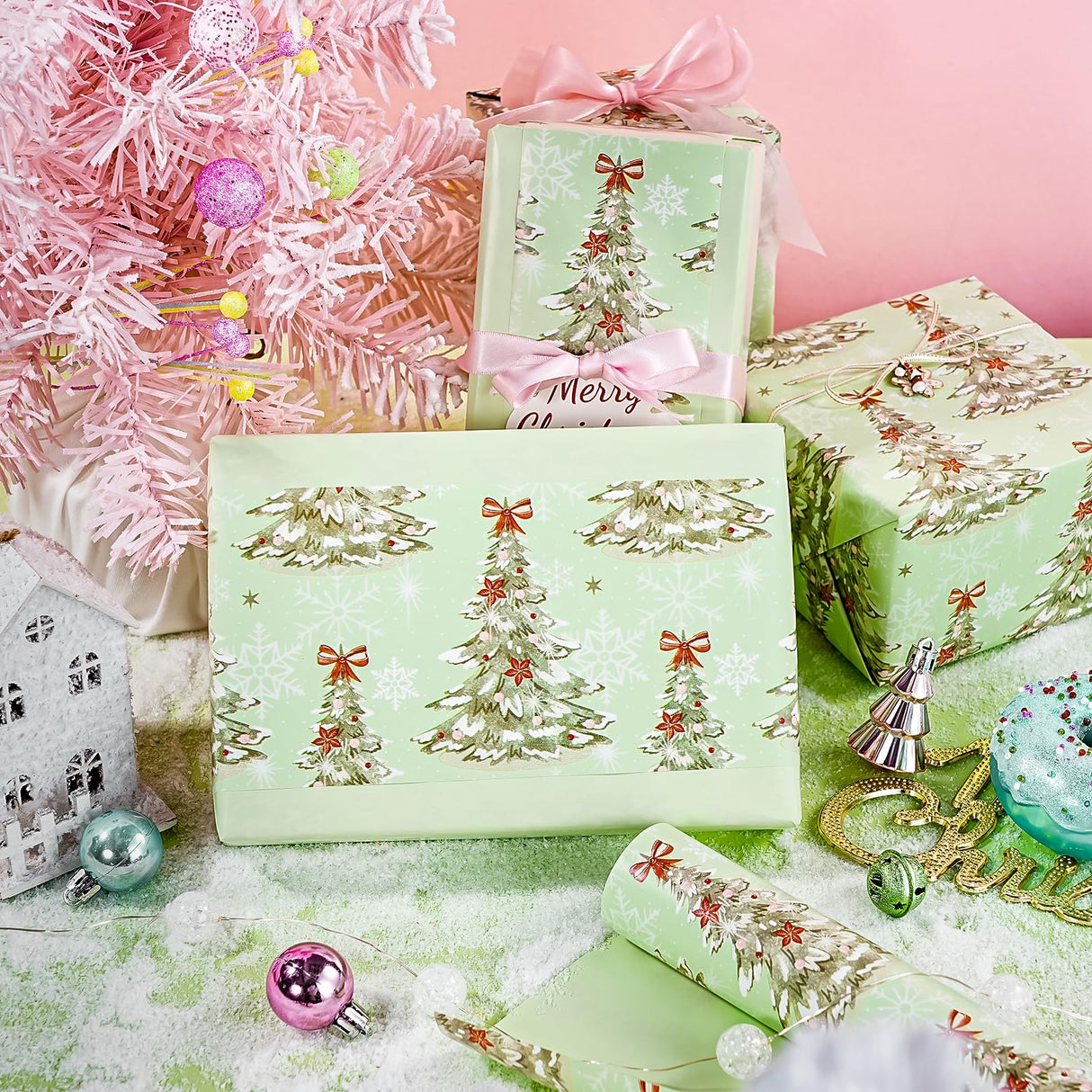 WRAPAHOLIC 30 Inch Jumbo Reversible Christmas Wrapping Paper - 30 Inch x 33 Feet - Light Green Christmas Tree Wrapping Paper for Xmas Holiday, Party Celebration
