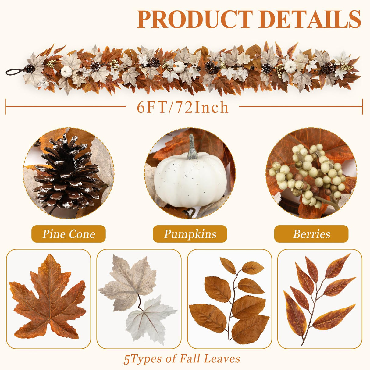 6 FT Fall Garland with Lights Automatic ON/Off Fall Leaves Mantle Garland with Pumpkins Berries Pinecones Outdoor Thanksgiving Christmas Autumn Centerpiece Decorations for Home Door Fireplace Porch