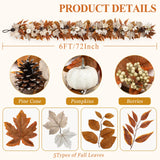 6 FT Fall Garland with Lights Automatic ON/Off Fall Leaves Mantle Garland with Pumpkins Berries Pinecones Outdoor Thanksgiving Christmas Autumn Centerpiece Decorations for Home Door Fireplace Porch