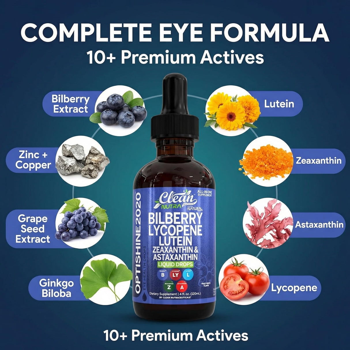 Clean Nutra Lutein and Zeaxanthin Eye Vitamins Supplement Lycopene Astaxanthin Bilberry Liquid Drops | Organic Astaxanthin Daily Lutein for Eyes Health Support Vitamin Minerals Extract | 60 Servings