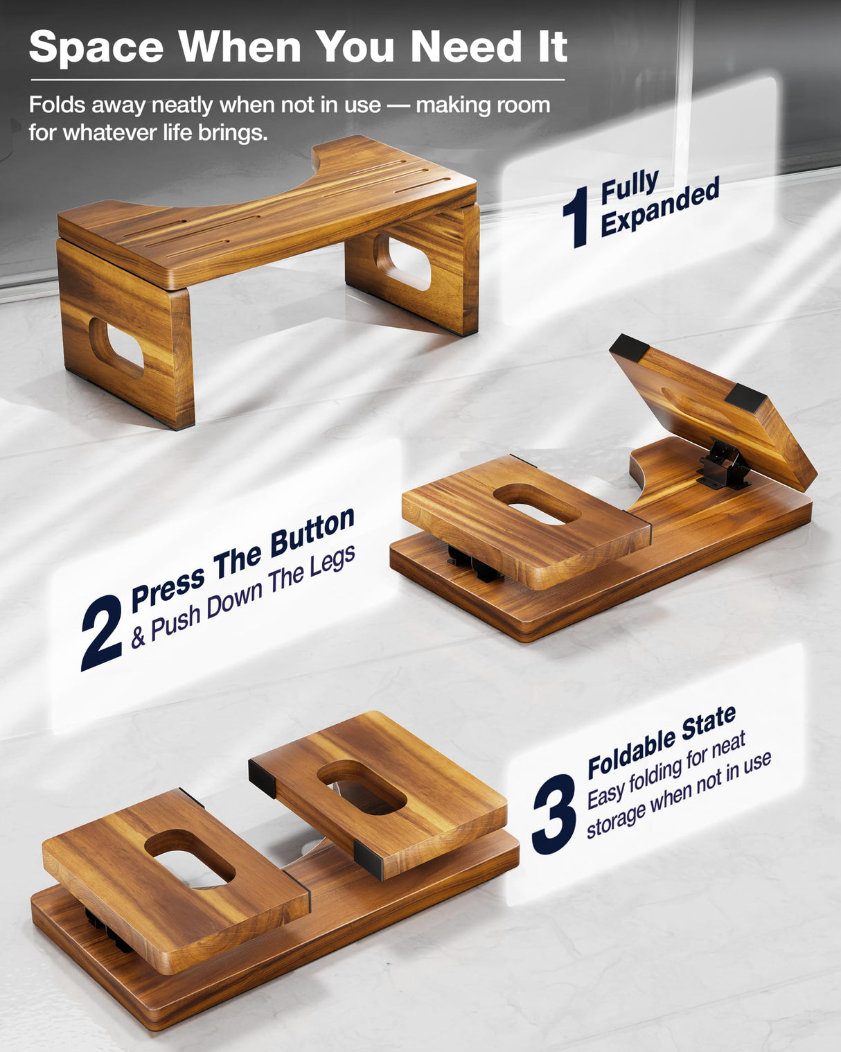 BLUEWEST Foldable Toilet Stool, Acacia Wood Poop Stool for Potty Training, 7 Inch Non-Slip Bathroom Step with Collapsible Design for Adults