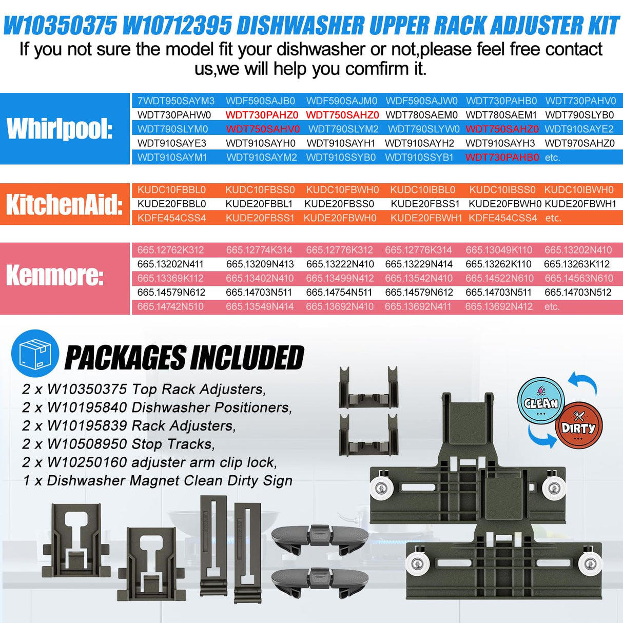 Upgraded W10350375 W10712395 Dishwasher Top Rack Adjuster Parts for Whirlpool WDTA50SAHZ0 Dishwasher Parts WDT750SAHZ0 WDT730PAHZ0 WDT970SAHZ0 Upper Rack Parts,For Kenmore 665 Dishwasher Top Rack Part