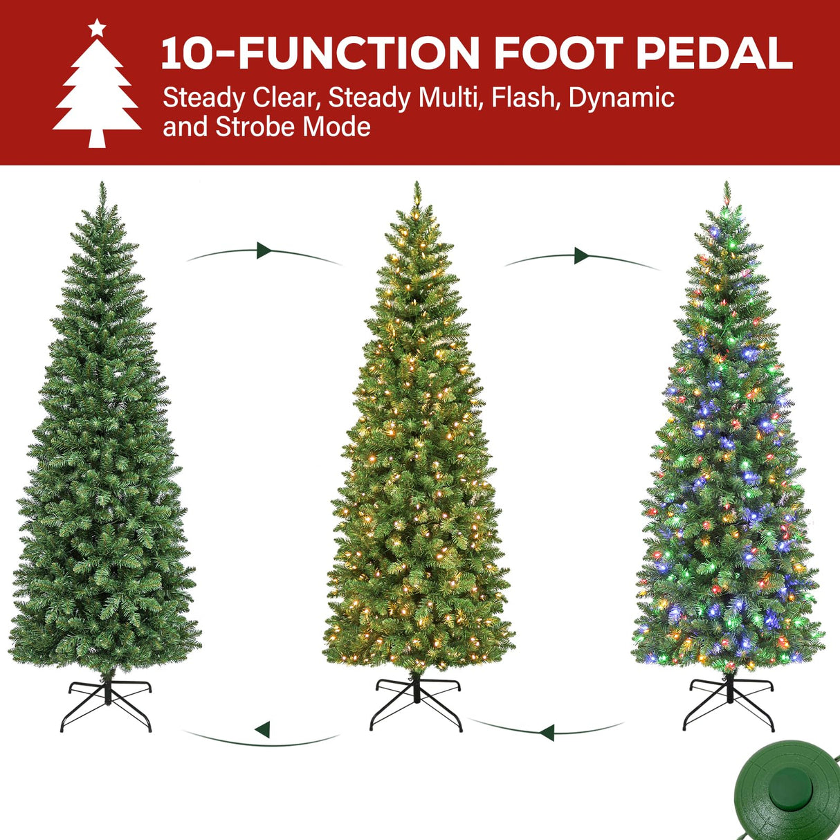 Hykolity 6ft Prelit Pencil Slim Christmas Tree with 200 Color Changing LED Lights, 544 Branch Tips, Metal Stand and Hinged Branches, 10 Color Modes