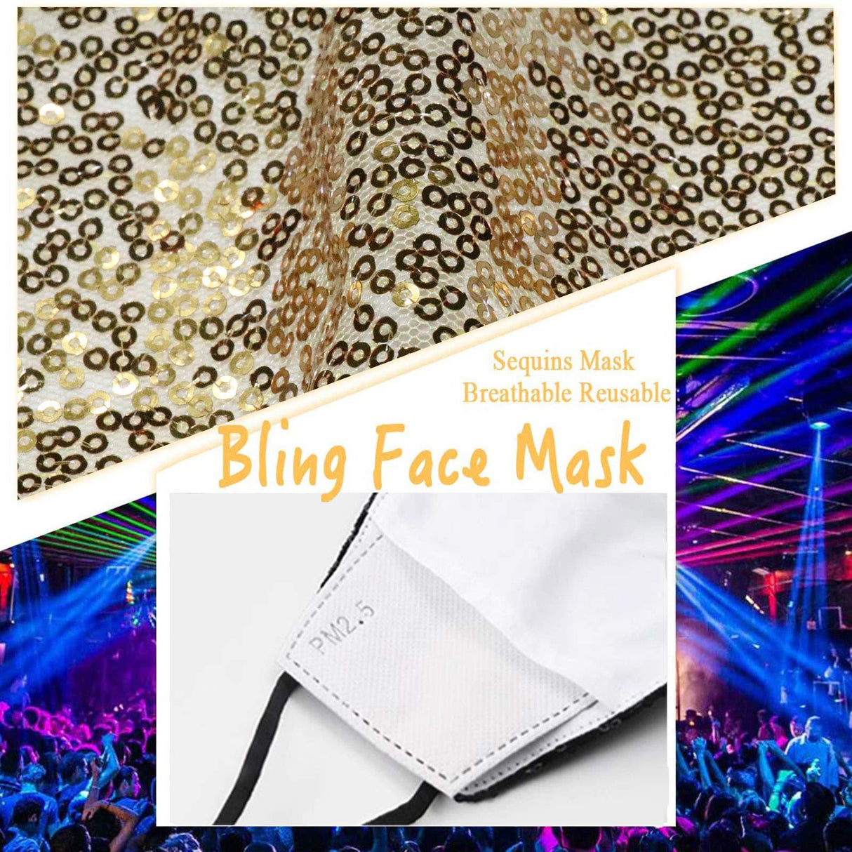 MLGDA Sparkly Sequins Mouth Masc Fashion Designer Glitter Cotton Face Cover With Adjustable Ear Loops Reusable Masquerade Party Nightclub Rave Festival Sequins Face Covering (Gold)
