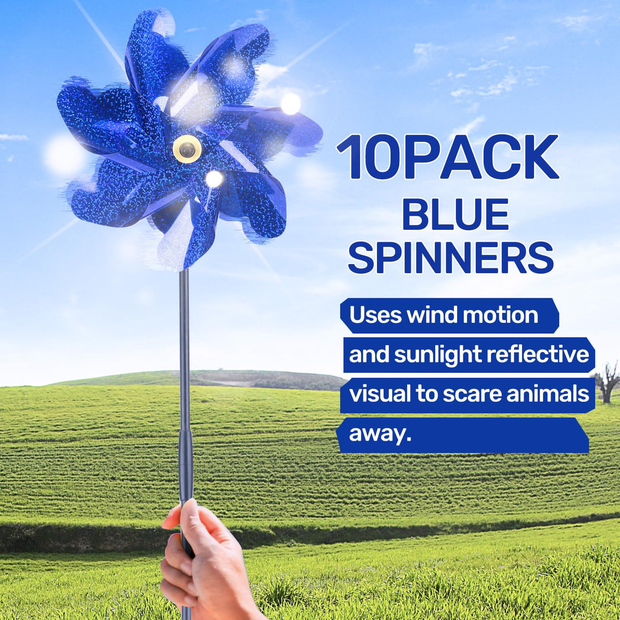 BATTIFE Reflective Pinwheels for Yard and Garden, Pre-Installed Sparkly Blind Birds Pin Wheel, Scare Birds & Animal Away Wind Spinner, 10 Pack (Blue)