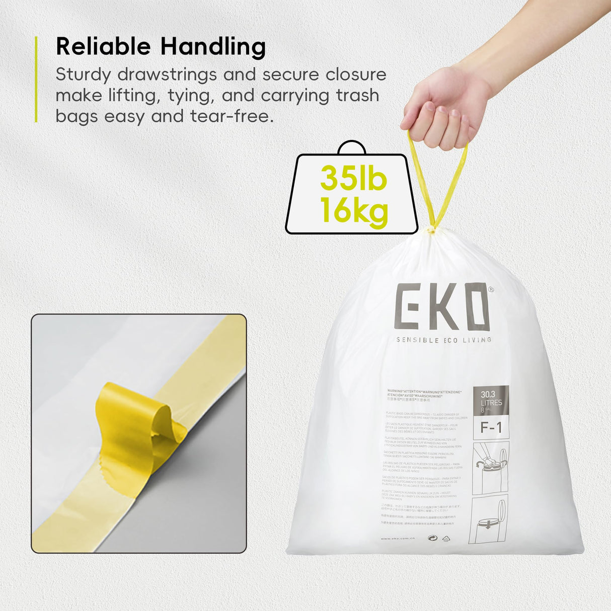 EKO 8 Gallon Trash Bags Drawstring 1.2 Mil - 100 Count White Medium Garbage Bags Unscented, 30 Liter Plastic Kitchen Trash Bags with Easy-Dispense, Code F-1