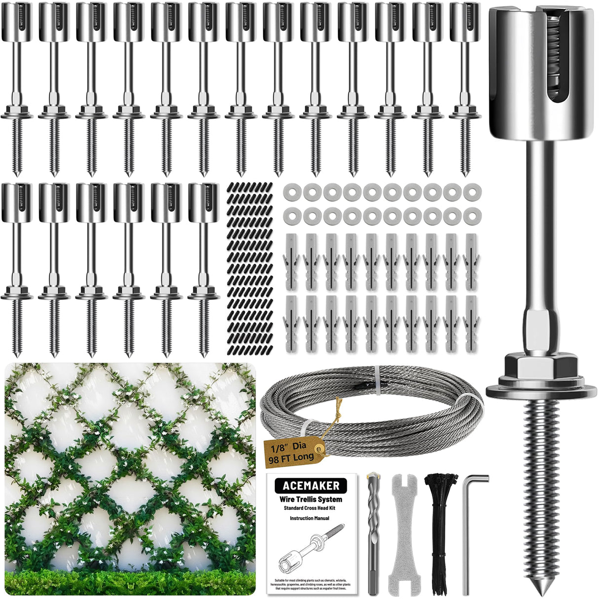 Acemaker Wire Trellis Kit, 20-Set 1/8” Crosshead Kit with 98ft Cable