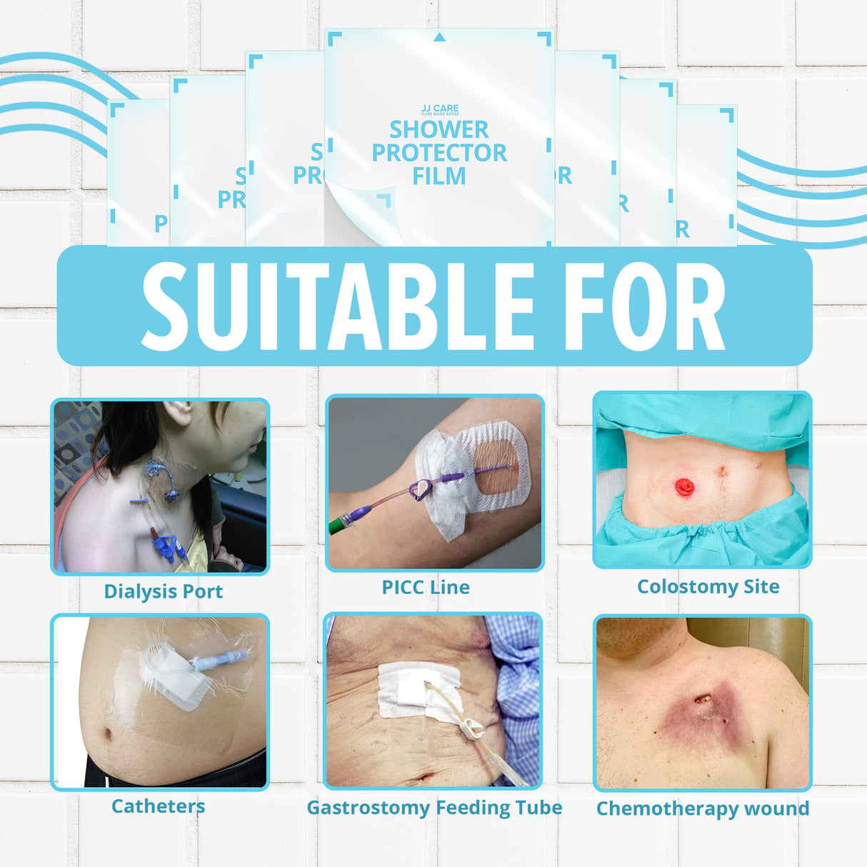 JJ Care Shower Protector [Pack of 14], 9x9 Dialysis Catheter Shower Shileds Wound Cover, PICC Line Water Barrier, Colostomy Waterproof Bandage Protector, 2 Week Supply