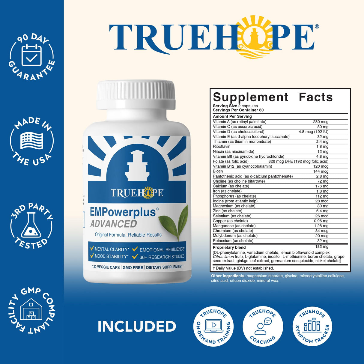 Truehope EMPowerplus Advanced Multivitamin for Women and Men - Broad-Spectrum Essential Multivitamin and Chelated Minerals to Support Cognitive Functions - Original Formulation - 120 Capsules