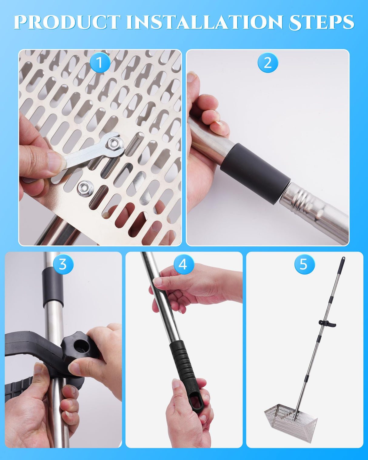 Sand Flea Rake 16" Wide - Detachable 54" Handle with Shark Tooth Screen - Steel Beach Rake for Fishing Bait, Shelling, Yard Cleaning