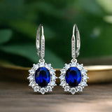 Amy & Annette Blue Sapphire Earrings - 18k White Gold Plated Leverback Drop and Dangle Halo Earring for Women - Great Gift Idea for Every Occasion