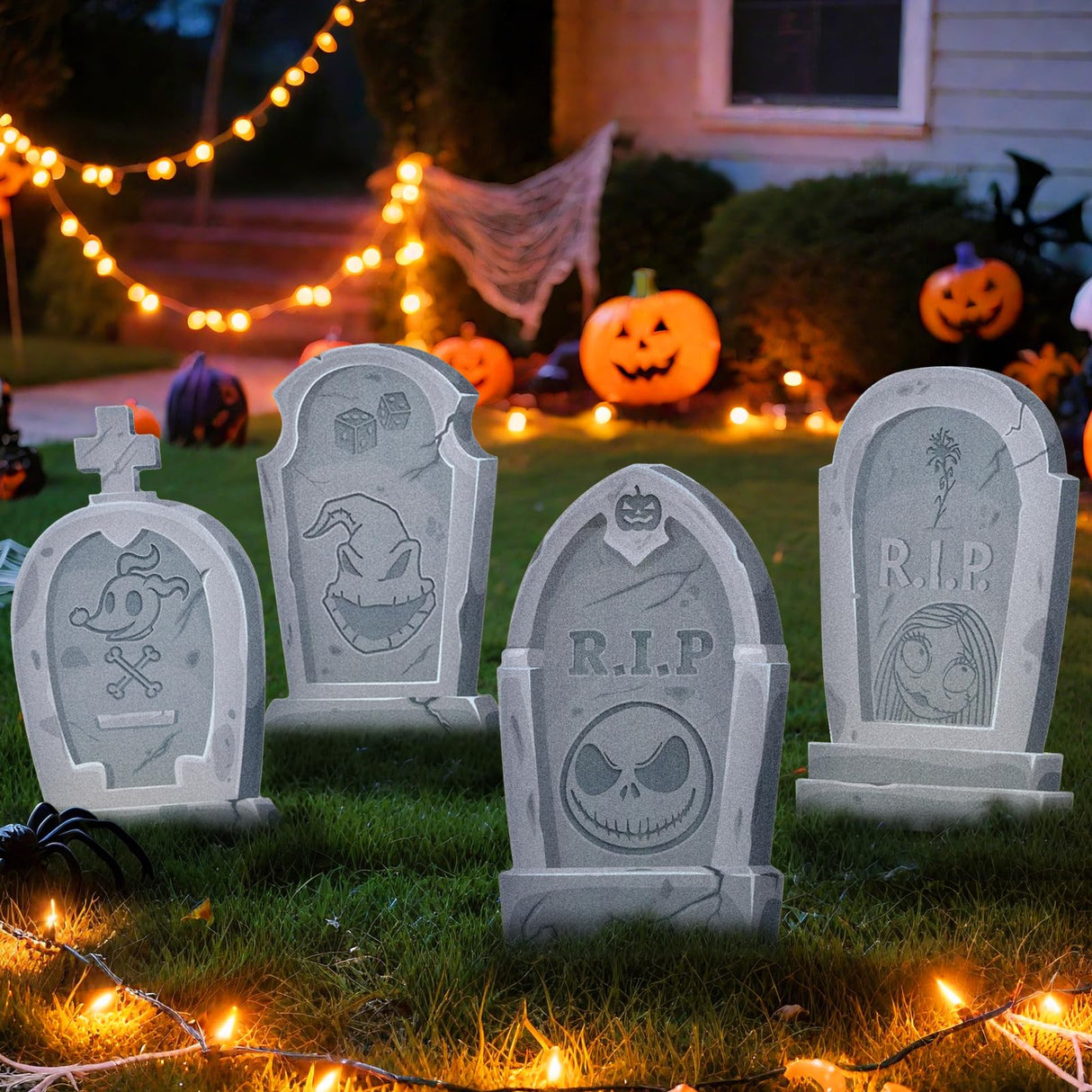 Jack Sally Tombstones Yard Signs, 17 Inch Gravestones Set Scary Halloween Decor Christmas Nightmare Halloween Decorations Outdoor Before Lawn Garden RIP Pumpkin Yard Stakes Outside Graveyard, Not Foam