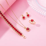 Paxuan Crystal Rhinestone Wedding Jewelry Sets Bridal Pendant Necklace Stud Earrings Link Bracelets Rings Set for Women (Gold Plated Red Cubic Zirconia)