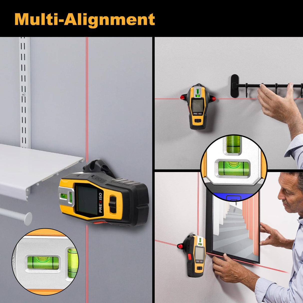PREXISO 2-in-1 Stud Finder with Laser Level, Rechargeable Multi Surface Cross Line Laser & Wall Stud Scanners Tool for Hanging Frames & Picture, Wood Ac Wire Metal Studs Joist Pipe Detection