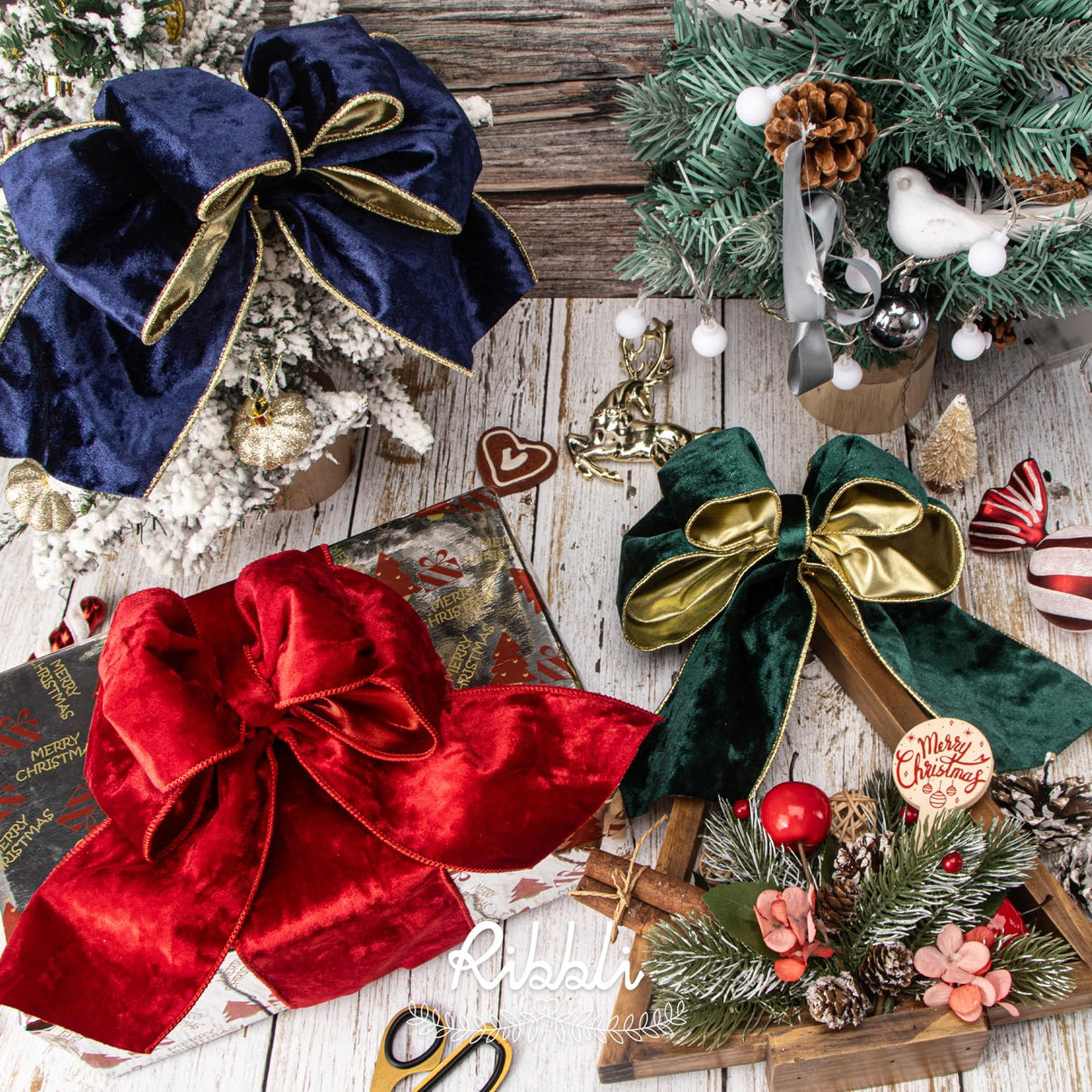 Ribbli Red Velvet Wired Ribbon 4 Inch Metallic Red Gold Crushed Velvet Christmas Ribbon for Gift Wrapping Christmas Tree Decoration Crafts Wreaths Supplies-Continuous 10 Yards