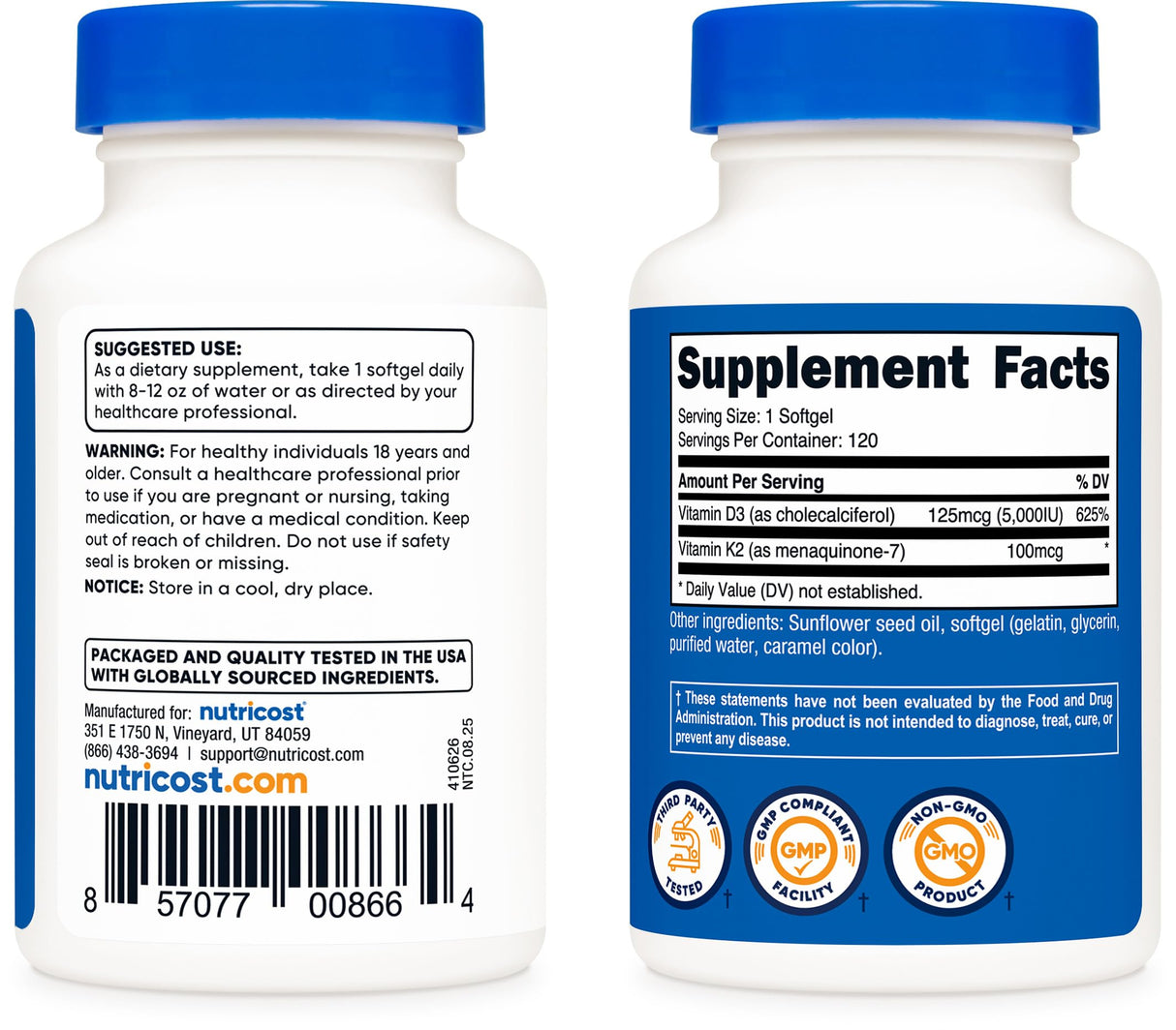 Nutricost Vitamin K2 (MK7) (100mcg) + Vitamin D3 (5000 IU) 120 Softgels - Gluten Free and Non-GMO (Pack of 2)
