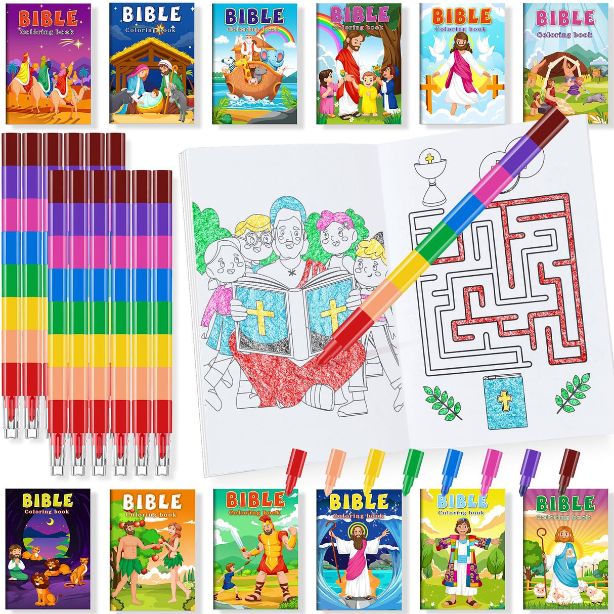 BenLouis 24 Christian Mini Coloring Books Kids with 24 Stacking Crayons Bible Verse Party Favors Activity Books Bulk for Kids Christmas Religious Goodie Bag Gift Stuffer Classroom Reward