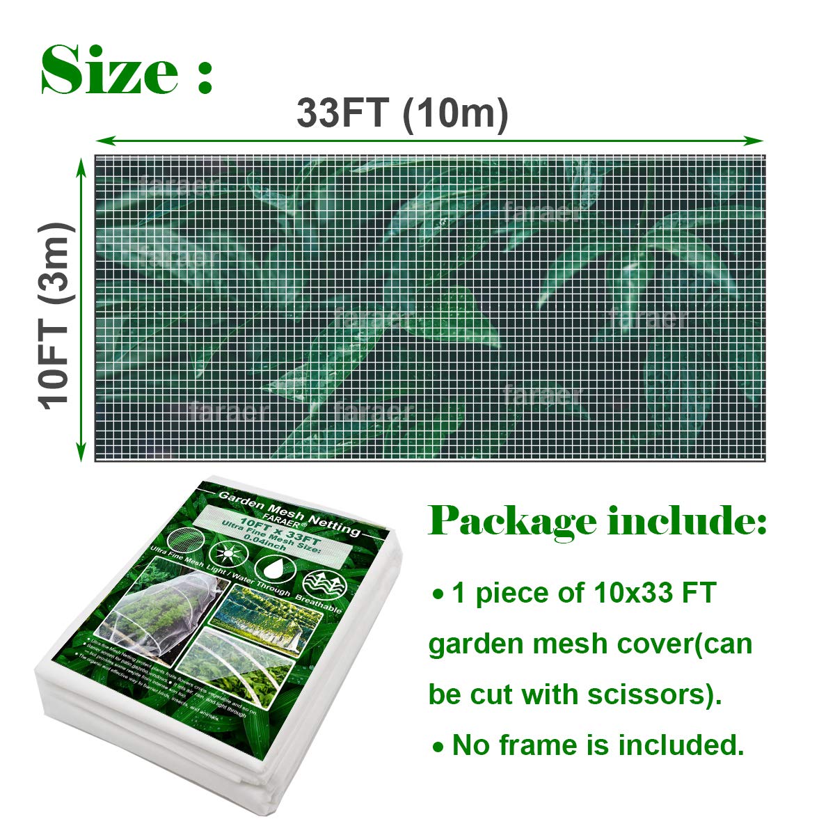 Garden Netting, Plant Covers 10x33Ft Net Ultra Fine Mesh Protection Netting for Vegetable Plants Fruits Flowers Crops Greenhouse Row Cover Raised Bed Barrier Screen Protection Net Cover (10x33ft)
