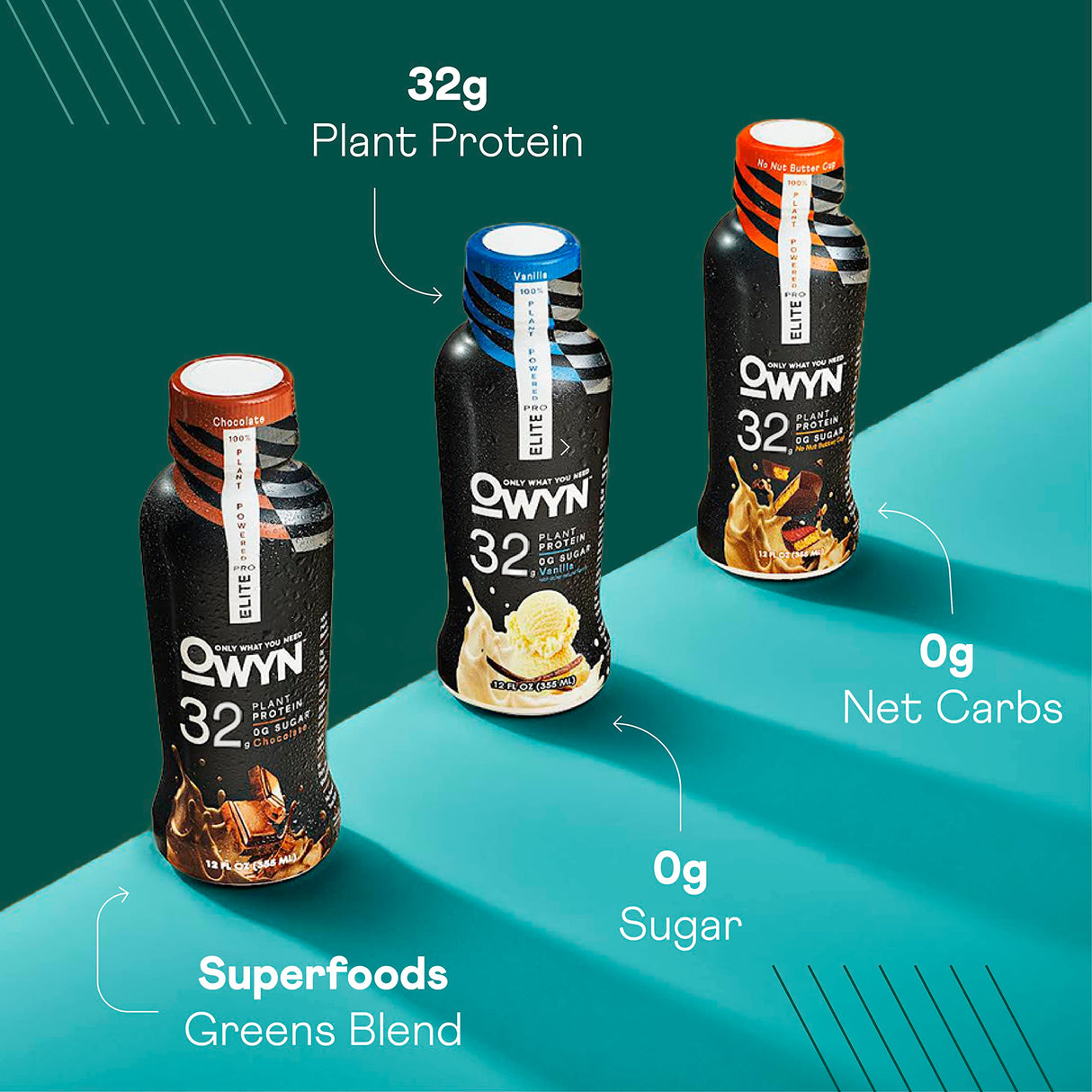 OWYN Only What You Need Pro Elite Vegan High Protein Keto Shake, 32g Protein, 9 Amino Acids, Omega-3, Prebiotics, Superfoods Greens for Workout and Recovery, 0g Net Carbs, Zero Sugar, Chocolate, 12 Fl Oz (Pack of 12)