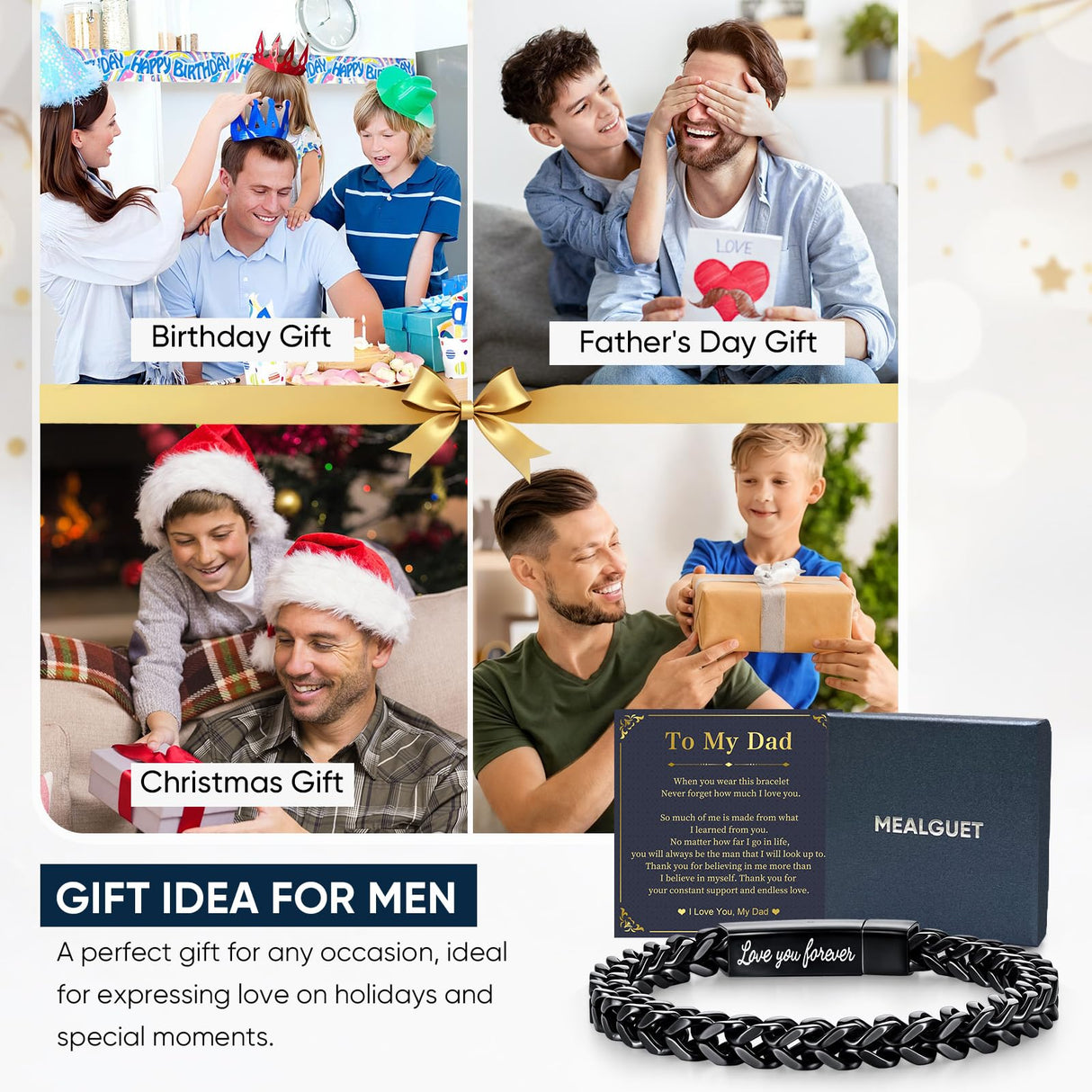 MEALGUET Black Chain Bracelets for Dad : To my Dad Stainless Steel Franco Chains Love you Forever Engraved Link Men's Bracelet to Daddy from Daughter Son, Sentimental Father's Day Birthday Gifts, M
