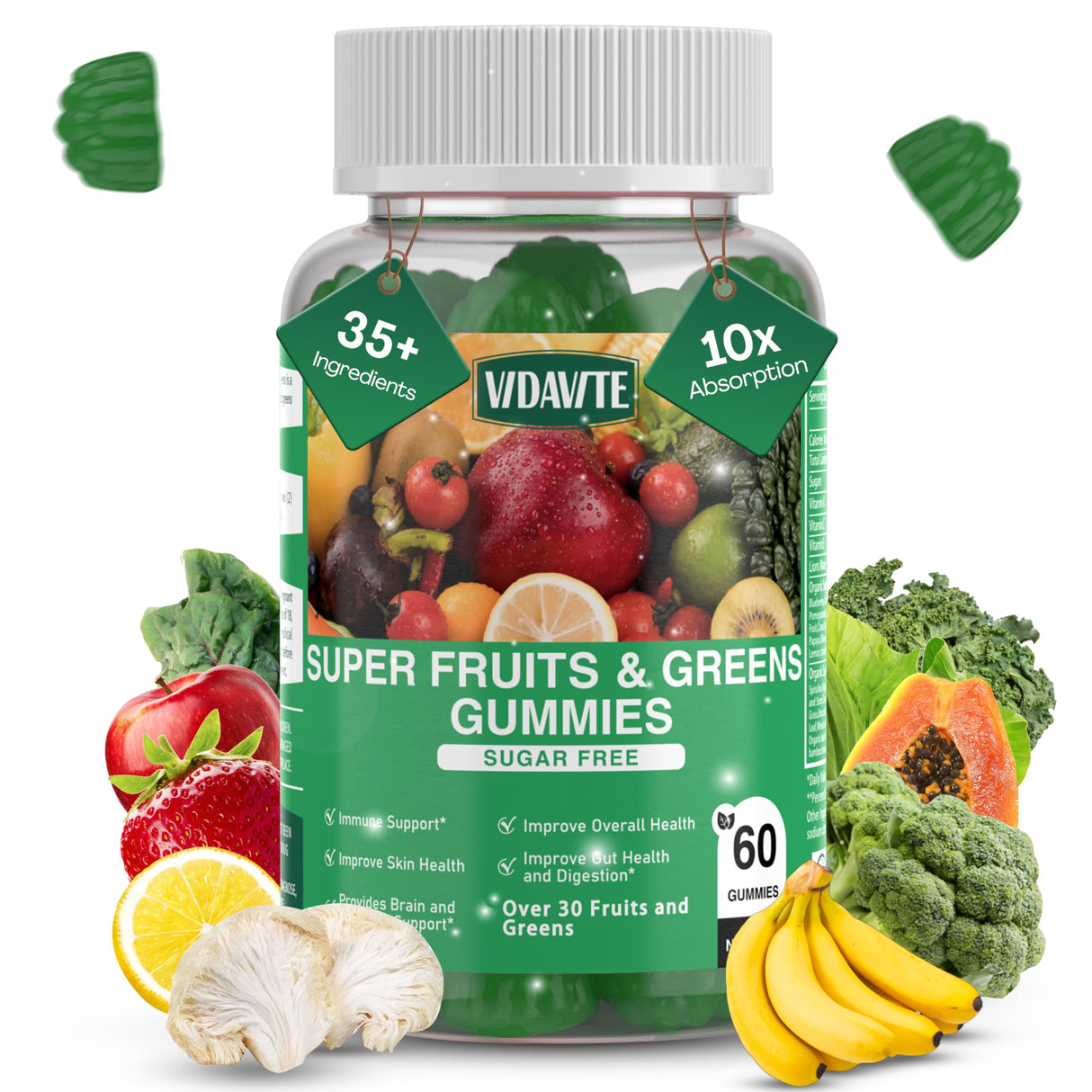 VIDAVITE Sugar-Free Fruit and Veggie Gummies — 35+ Greens, Fruit and Vegetable Vitamins to Boost Immunity, Skin & Gut Health — Ideal Fruity Vegetable Supplement for Adults & Kids (60 Gummies)