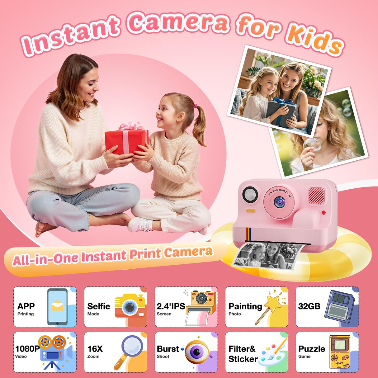 Instant Print Camera for Kids, App Printing, 1080P Video, Dual-Lens Selfie Digital Camera with 32G SD, Christmas Birthday Gifts for Girls Boys 4 5 6 7 8 9 10 11 12 Year Old, Portable Toddler Toy