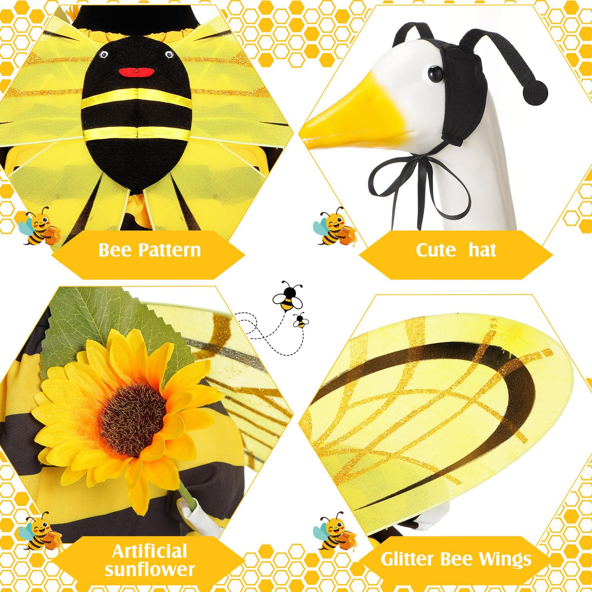 FuWeave Summer Bee Porch Goose Outfit for 23" Porch Goose Clothes with Bee Wings Sunflower for Spring Summer Outdoor Statue Garden Deck Patio Yard Lawn Art Decoration