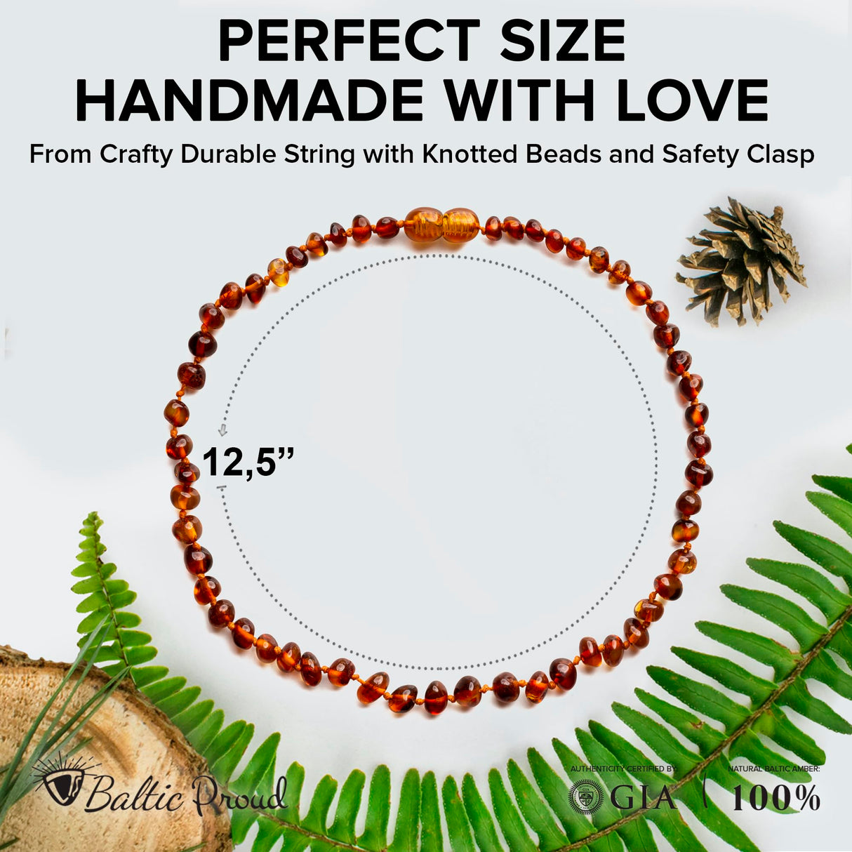 Baltic Amber Necklace (Unisex Cognac 12.5”) Certified Premium Amber