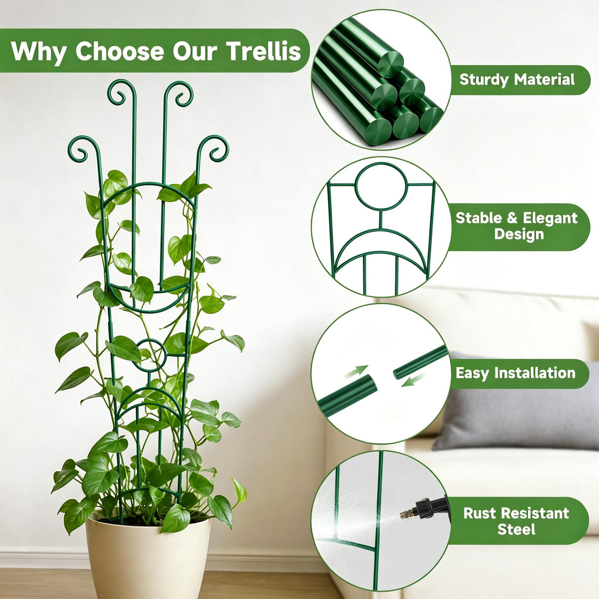 KINGLAKE Plant Trellis for Climbing Plants Indoor Outdoor - 2 Pack 32.7 Inch Green Expandable Metal Garden Trellis for Potted Climbing Plants Support Flower Vine Ivy Monstera Houseplant with Tape