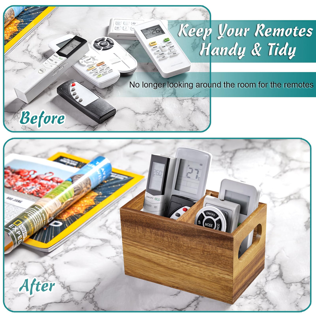 DRASTAR Acacia Remote Organizer Caddy, TV Remote Caddy for Table, Wooden Storage Organizer for Home Decor