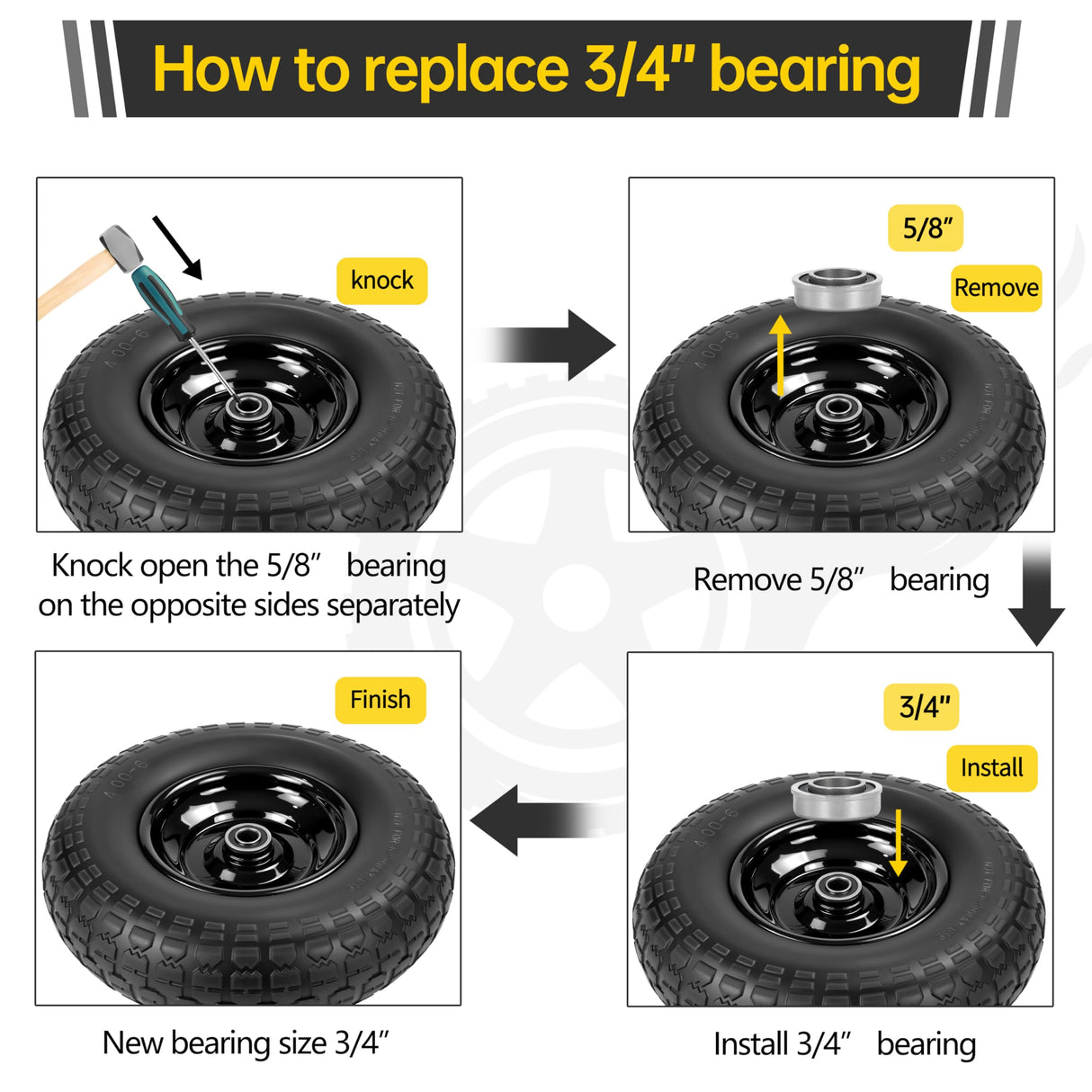 4Pc,13x4.0-6 Flat Free Tire and Wheel Replacement for Gorilla Cart,5/8"Axle