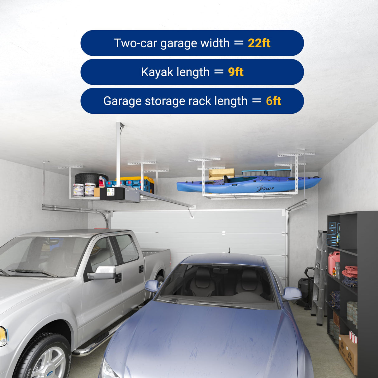 FLEXIMOUNTS 3x6 Overhead Garage Storage Adjustable Ceiling Rack 72" Length x 36" Width x 40" Height, 450lbs Weight Capacity, White, Classic Series