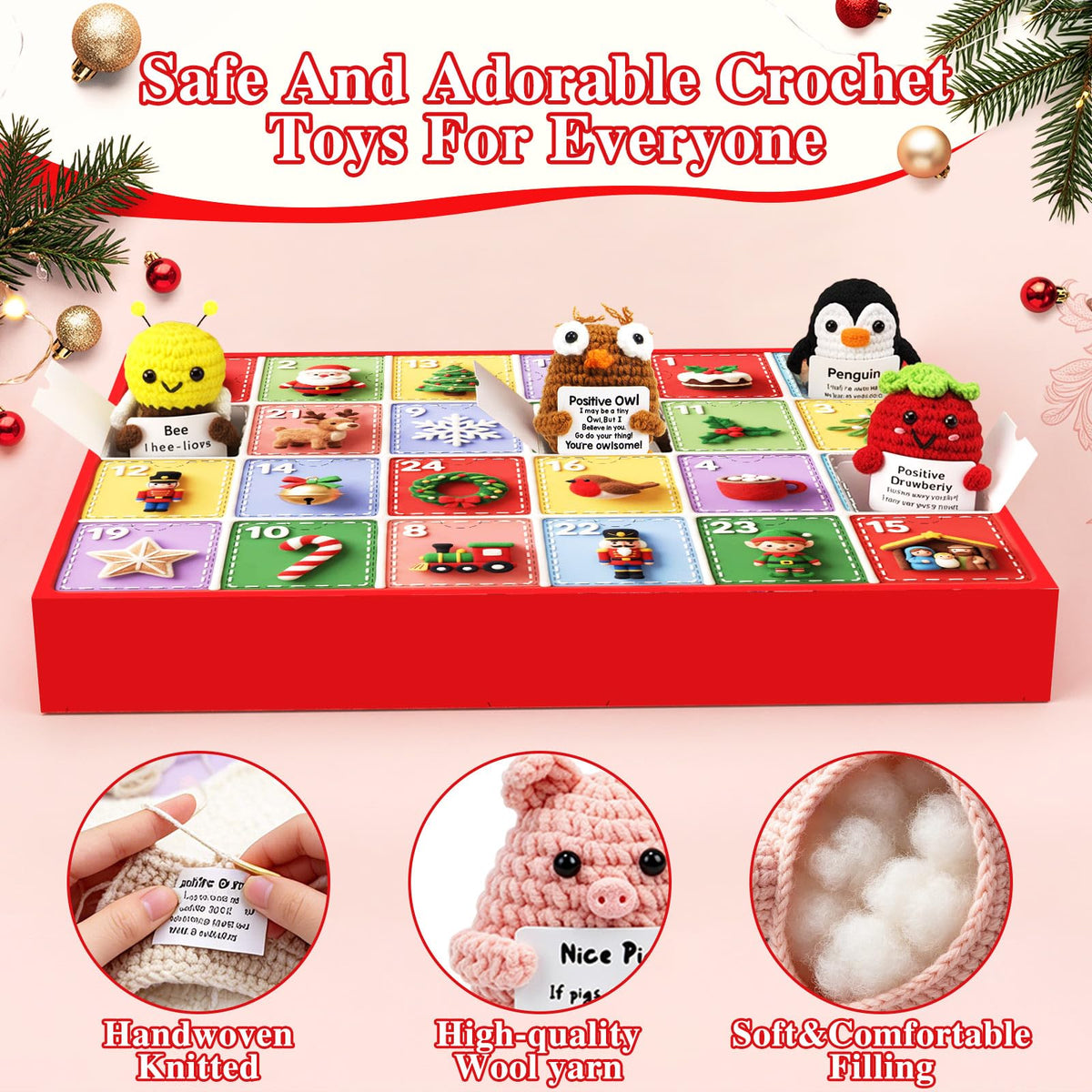 Advent Calendar 2026 Handmade Crochet Animals Plush Advent Calendar 24 Days Christmas Countdown Calendar with Positive Emotional Support Cards Gifts for Kids, Teens, Girls, Boys, Women, Men