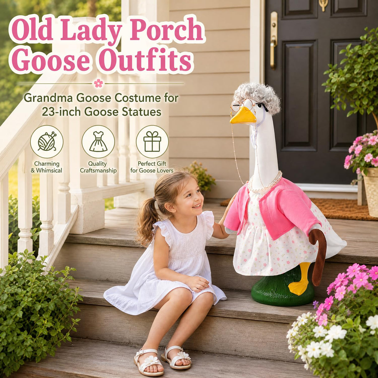 Old Lady Porch Goose Outfits with Floral Dress for 23" Cement Goose Statues