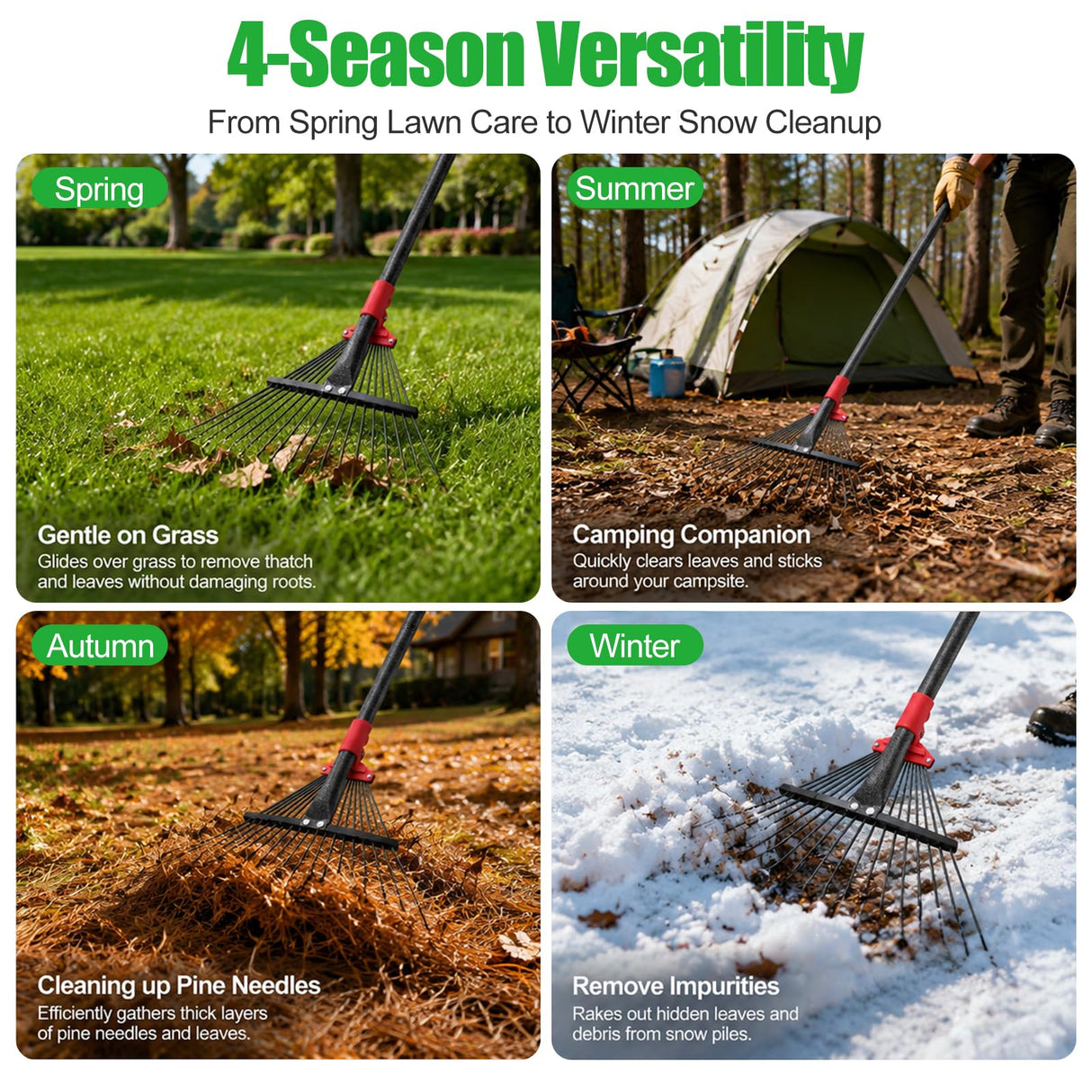76Inch Adjustable Metal Leaf Rake, 18 Metal Tines Heavy Duty Leaves Rake for Lawns with 8-18" Expandable Head Long Handle Garden Rakes for Women Kids Leaves Yard Gardening Grass Outdoor Camping Debris