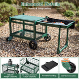 Rolling Garden Cart with Seat, Metal Garden Work Seat with 360° Swivel Wheels, Storage Basket, Workbench, and Tool Bag, Upgraded Heavy Duty Gardening Wagon and Stool for Seniors
